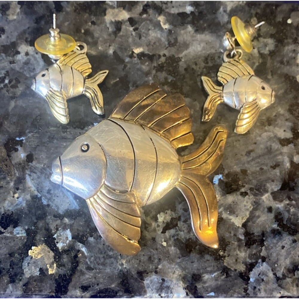 Vintage Gold & Silver Tone Metal Fish Pendant & Matching Earrings - No Hallmark